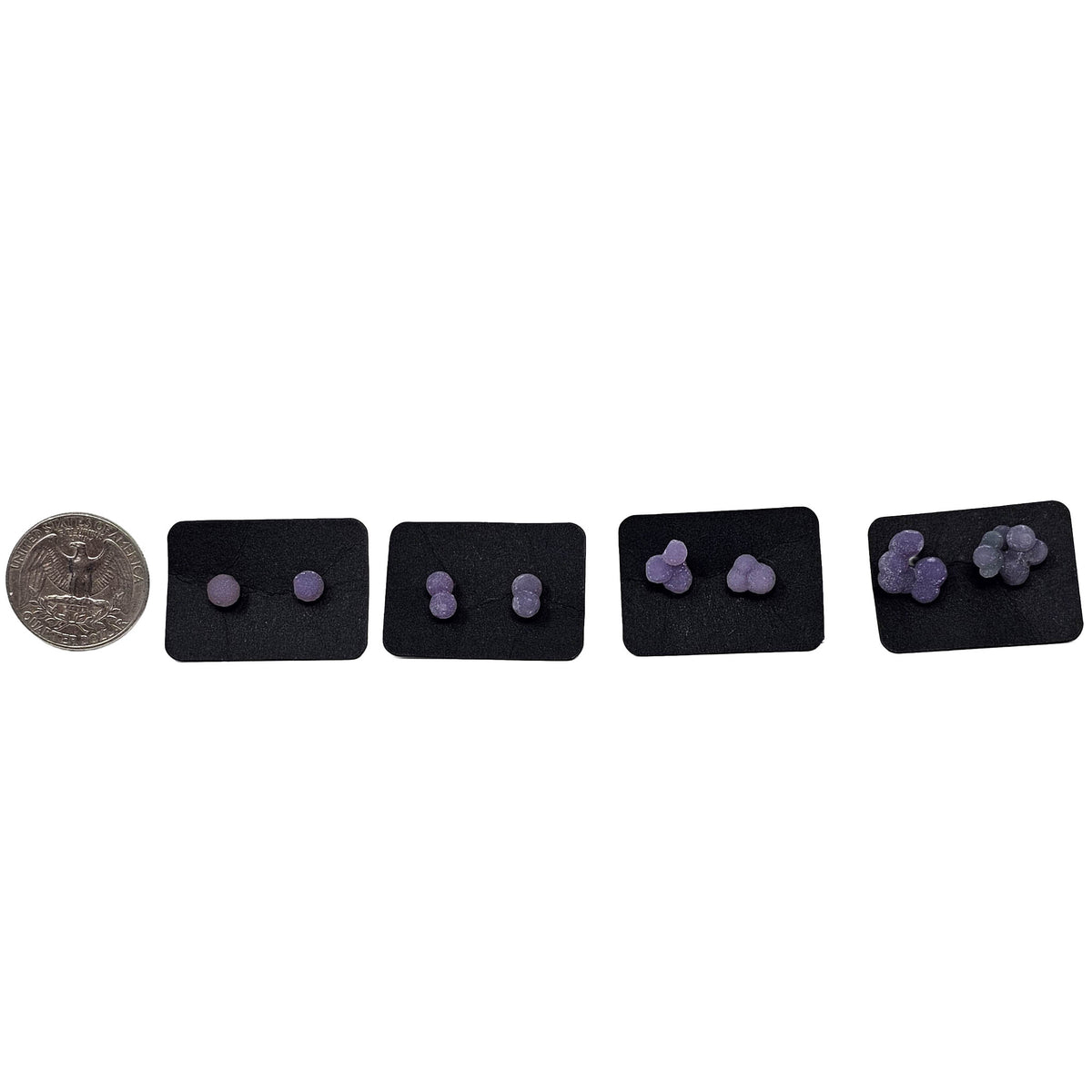 Grape agate stud earring from Indonesia – four styles beside a coin for scale