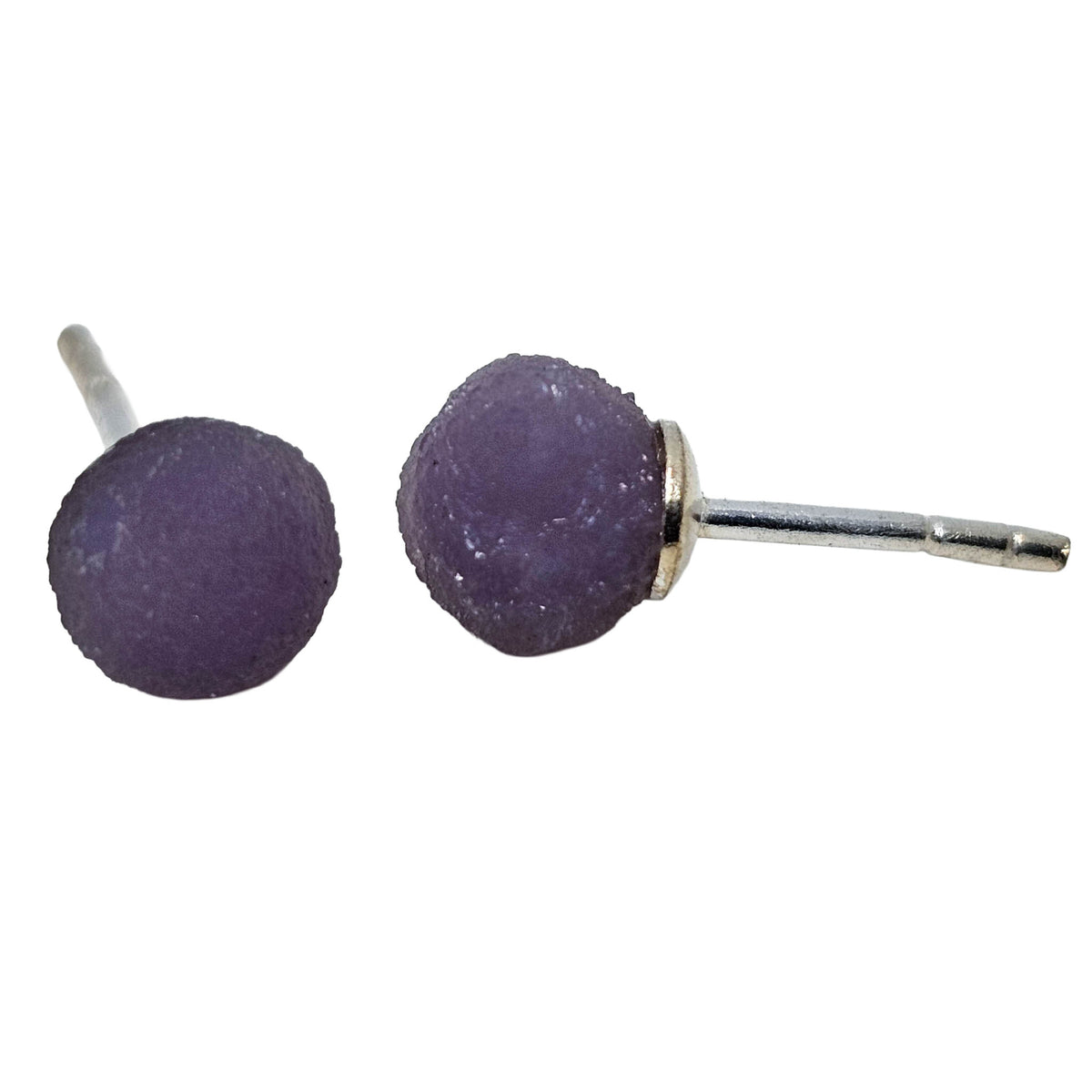 Grape agate stud earring from Indonesia – single ball pair, side view