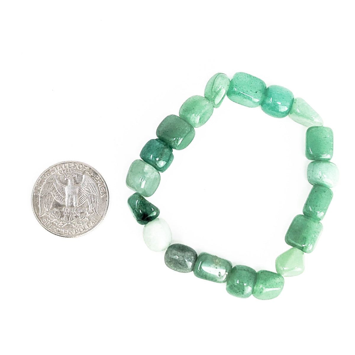 Green aventurine tumbled bead bracelet – single bracelet beside a coin for scale