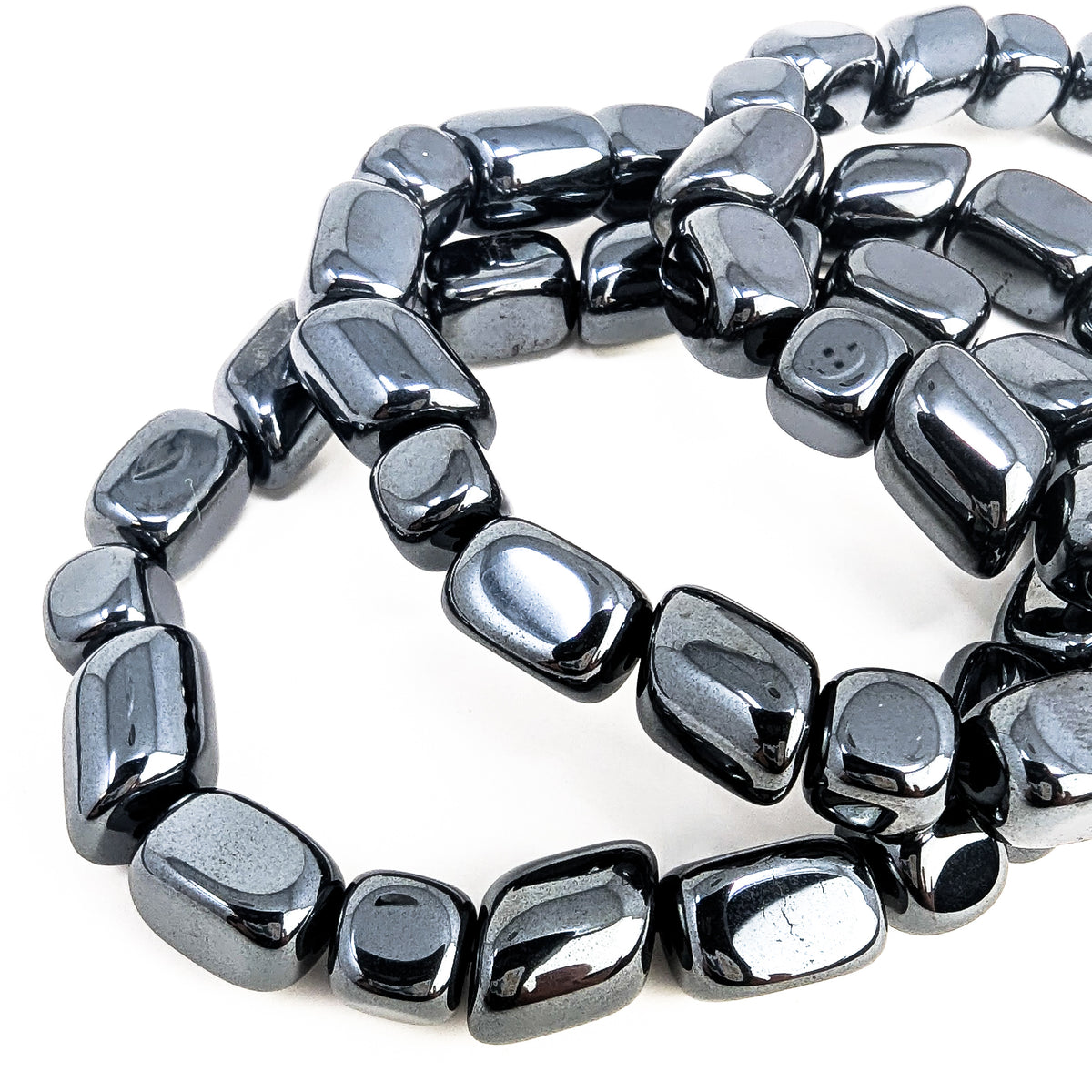 Hematite tumbled bead bracelet – beads, close up