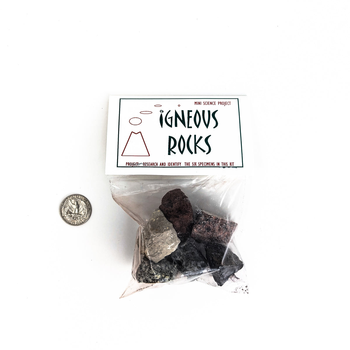 Igneous rock education set – set beside a coin for scale
