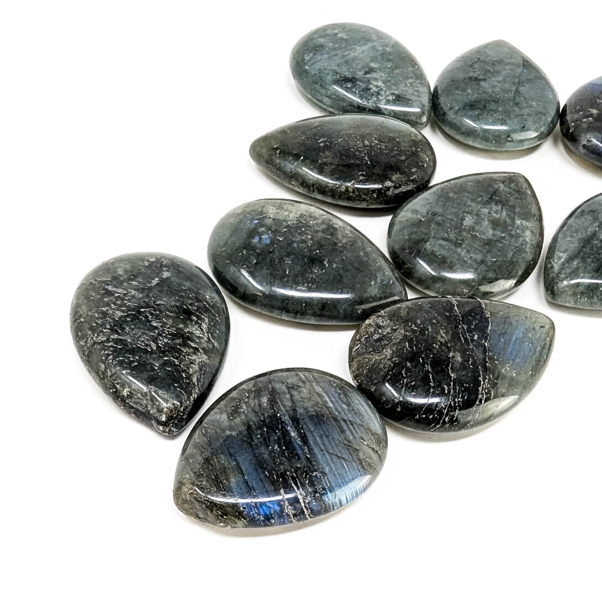 Labradorite teardrops, a feldspar, from Madagascar.