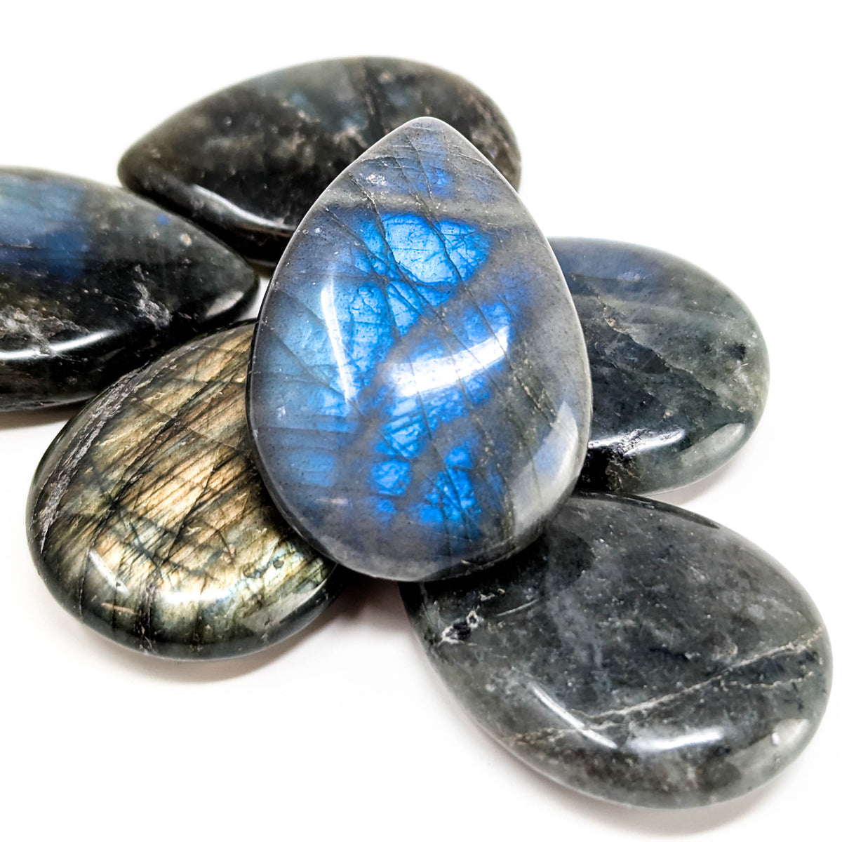 Labradorite teardrops, a feldspar, from Madagascar.