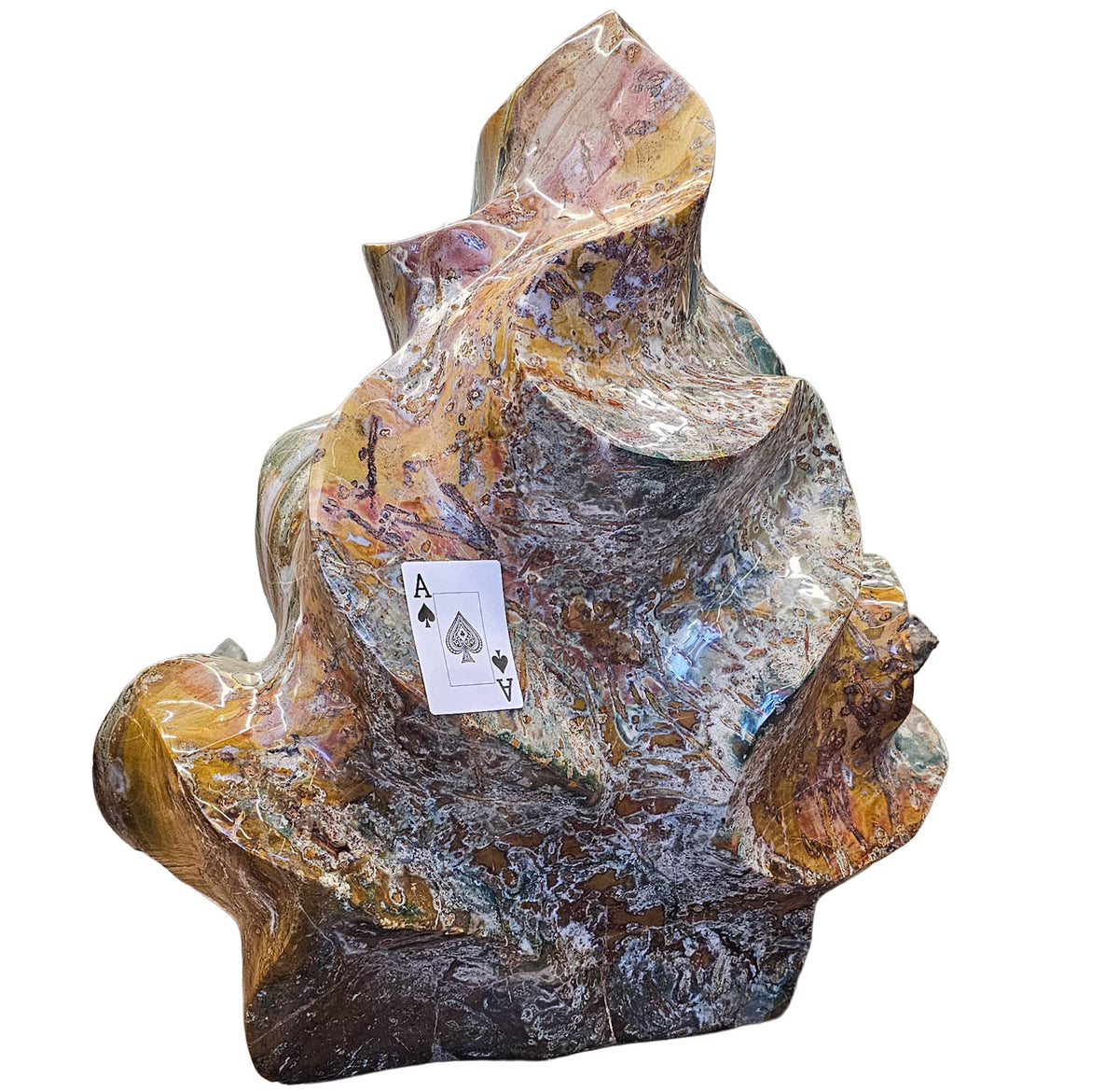 Ocean Jasper polished flame statement specimen from Analalava District, Sofia Region, Madagascar.