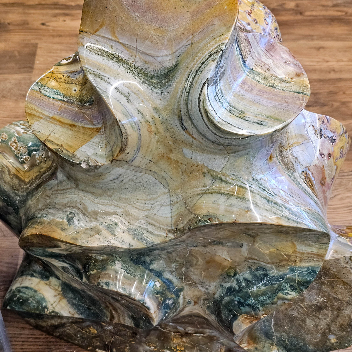 Ocean Jasper polished flame statement specimen from Analalava District, Sofia Region, Madagascar.