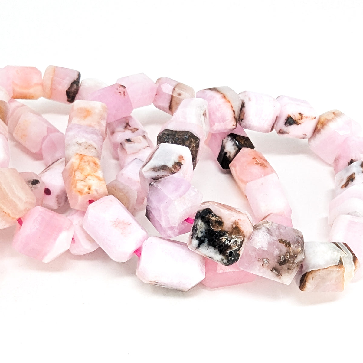 Pink calcite bead bracelet: close view of beads