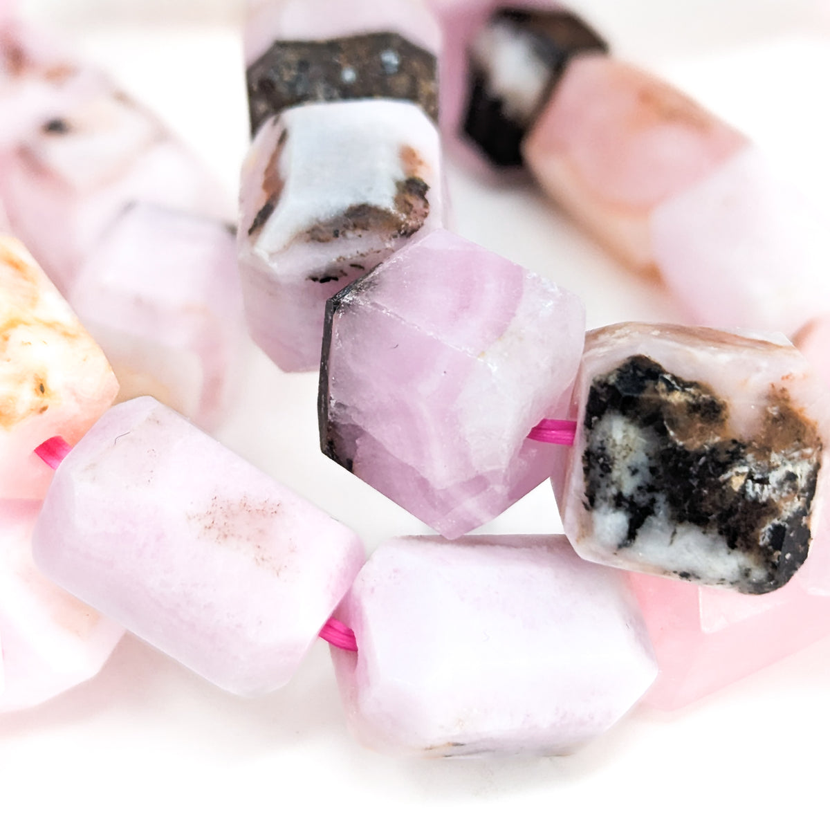 Pink calcite bead bracelet: macro of beads