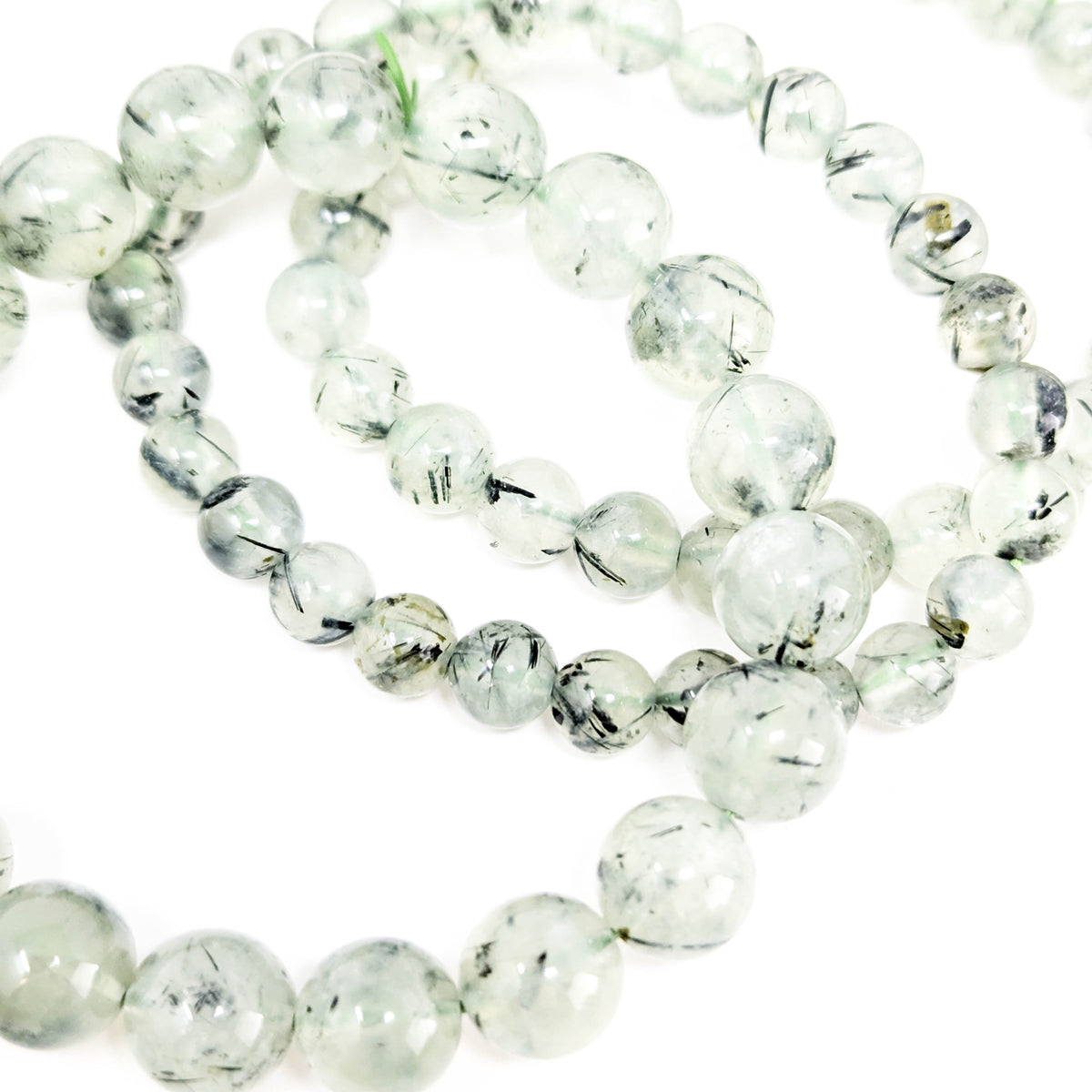 Prehnite with Tourmaline round bead bracelet.