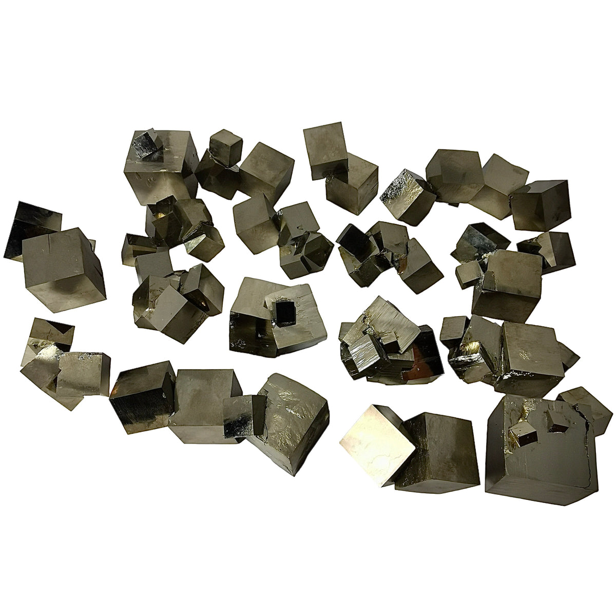 Cubic Pyrite cluster/chain specimen, an iron sulfide, from Navajún mine, La Rioja, Spain.