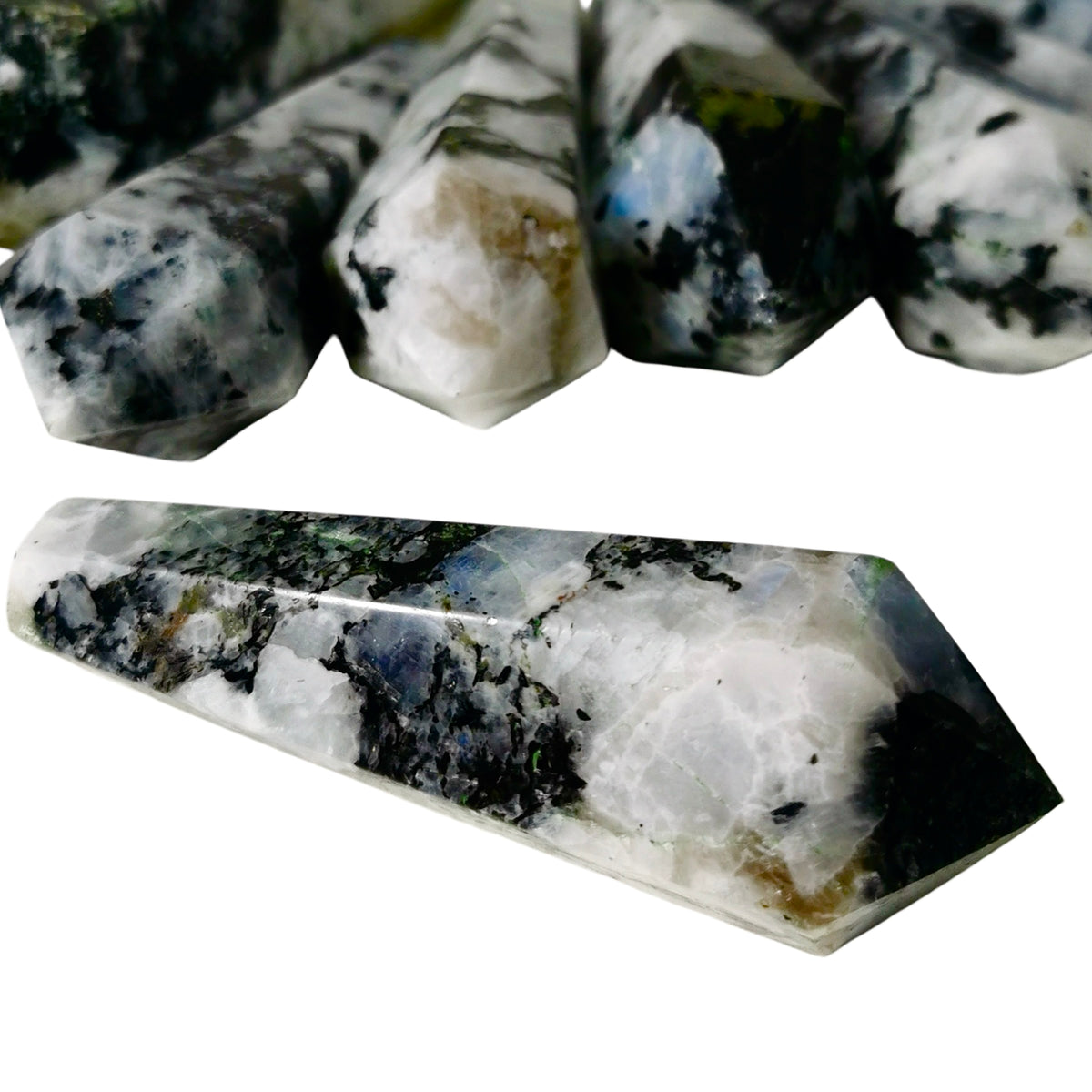 Rainbow Moonstone wand, a feldspar, from India.