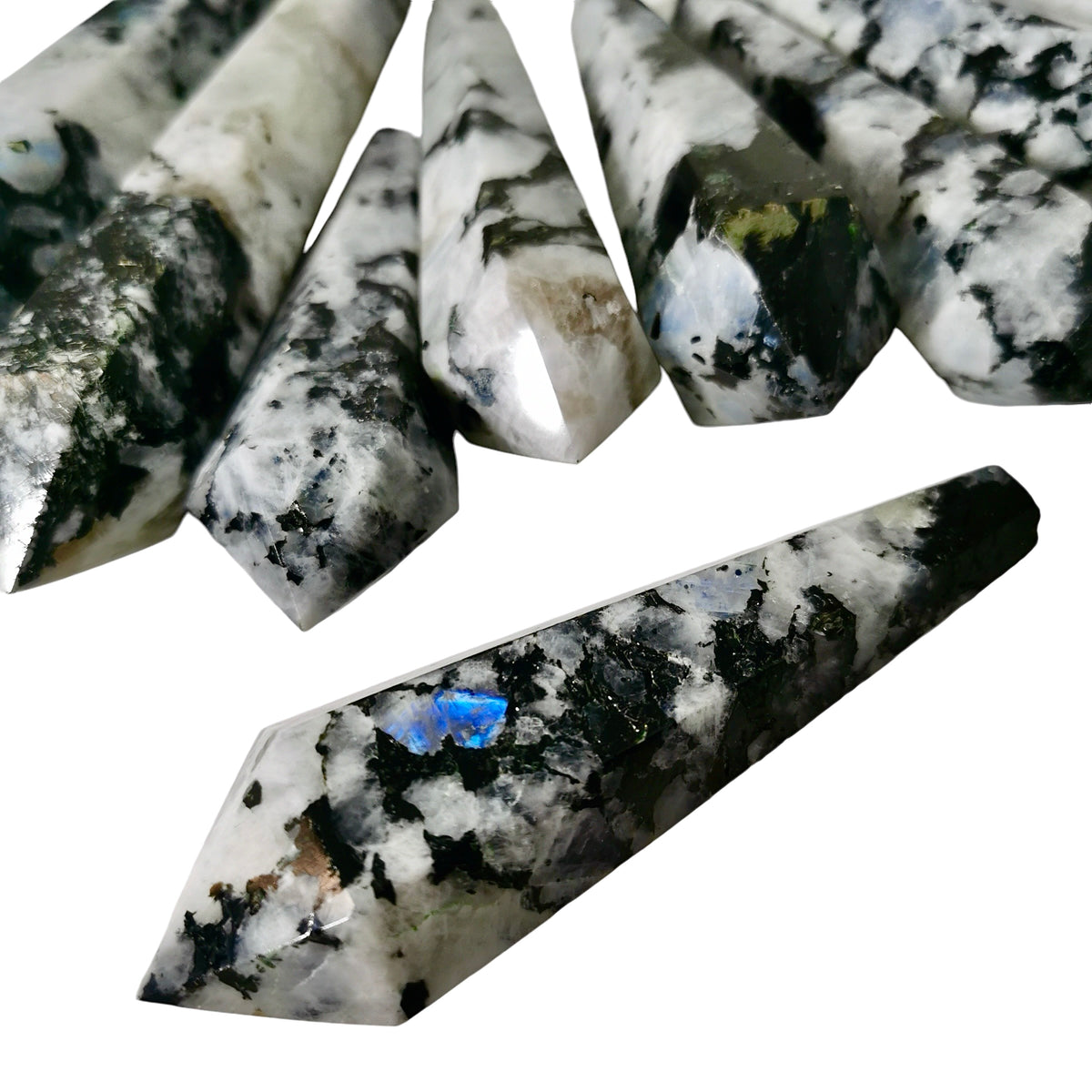 Rainbow Moonstone wand, a feldspar, from India.