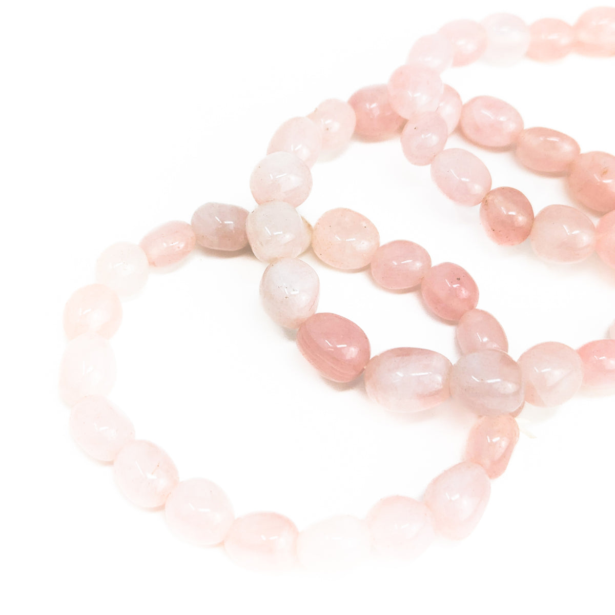 Rose quartz tumbled bead bracelet – bracelets overlapping