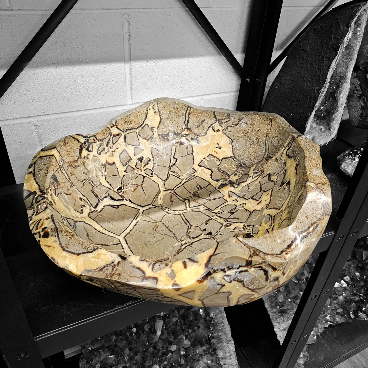 Septarian carved and polished bowl statement specimen from Mahajanga Province, Madagascar.
