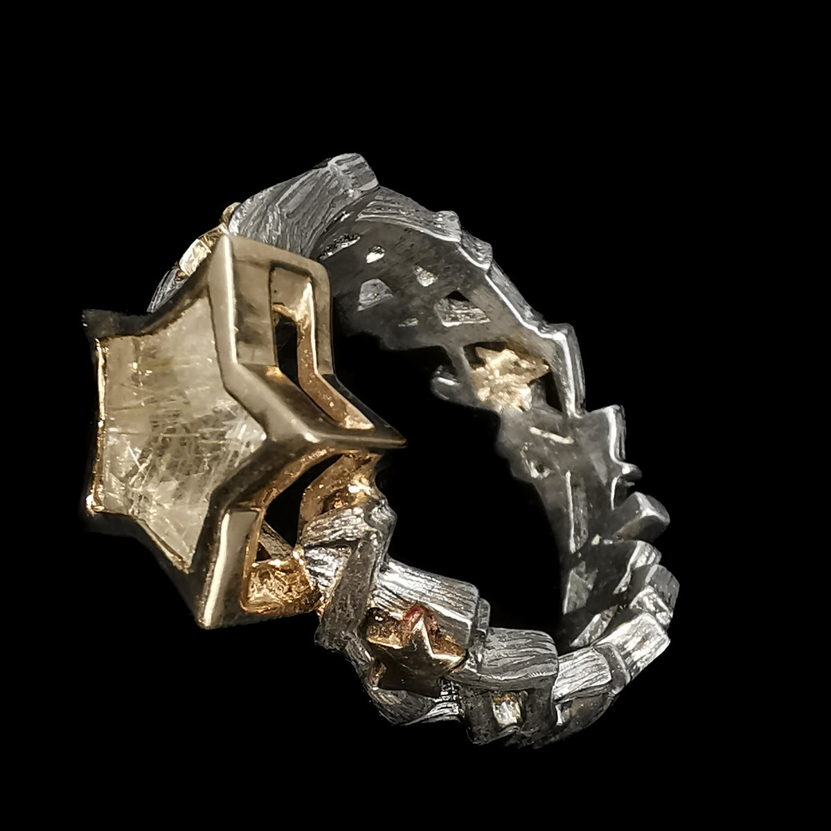 Shooting Star ring in sterling silver and solid 18K or 10K gold with Rutile Quartz.