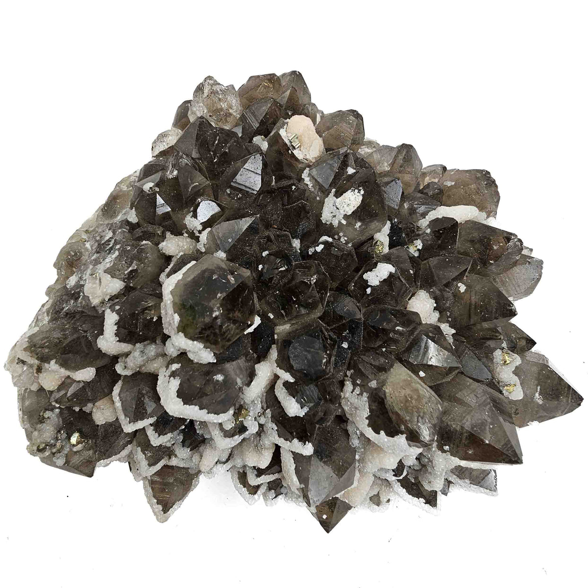 Calcite on Smoky Quartz specimen from Baia Mare mining district, Maramureș County, Romania.