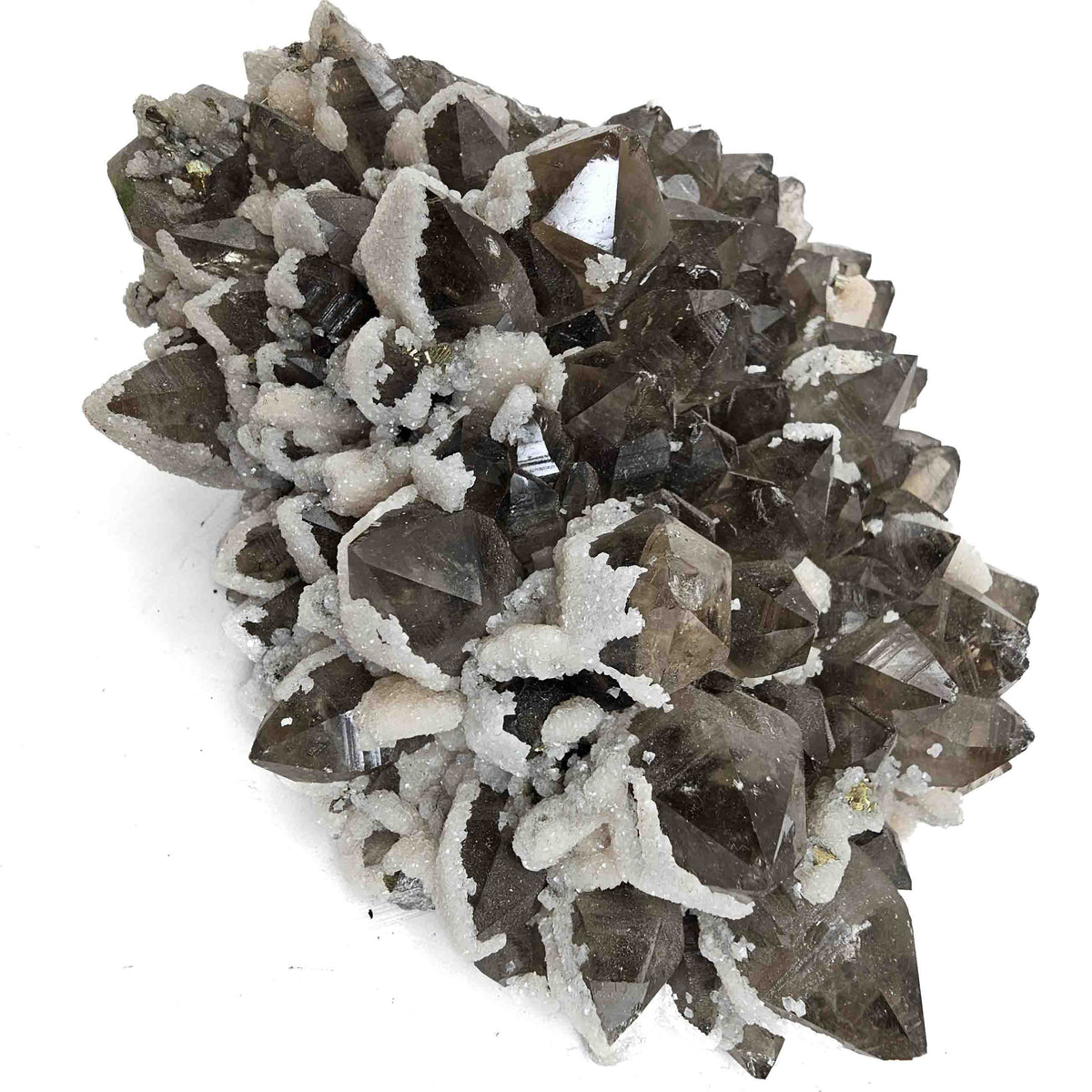 Calcite on Smoky Quartz specimen from Baia Mare mining district, Maramureș County, Romania.