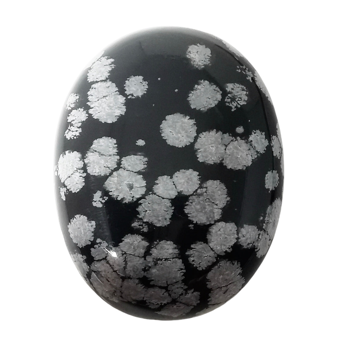 Snowflake Obsidian palmstone, a volcanic glass, from Utah, USA.