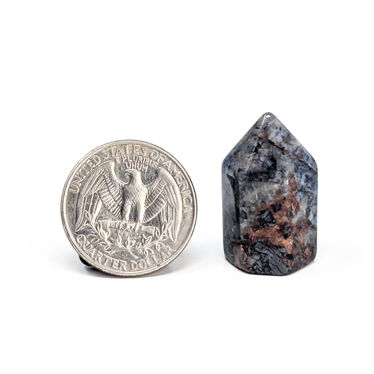 Sodalite mini tower from Brazil – tower beside a coin for scale