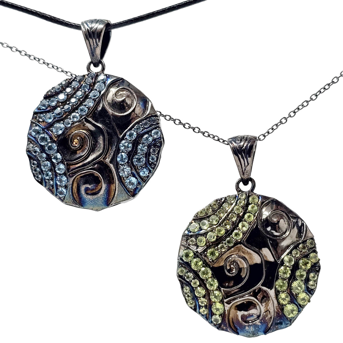 Swirl Medallion - Black Rhodium - Pendant - Peridot or London Blue Topaz - Broken Ox Creations - Hand Carved - BC, Canada