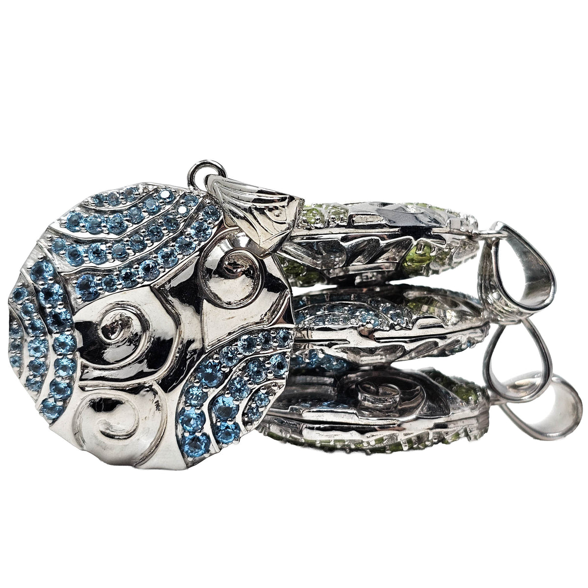 Swirl Medallion - Pendant - Broken Ox Creations - Hand Carved Medallion - Sterling Silver - Peridot London Blue Topaz - BC, Canada