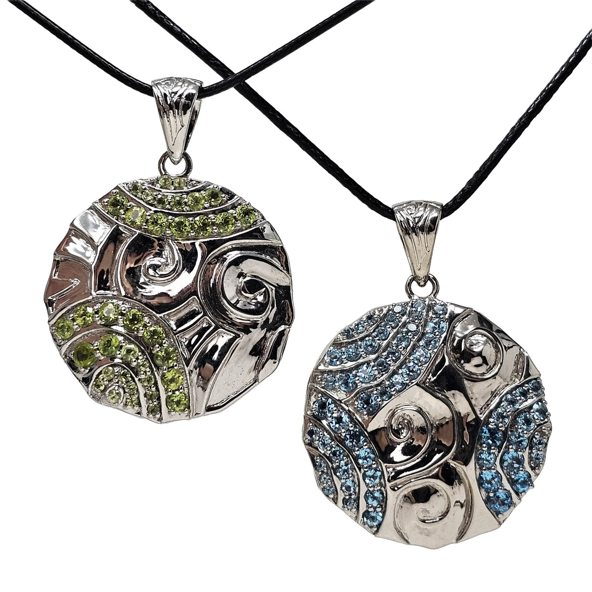 Swirl Medallion - Pendant - Broken Ox Creations - Hand Carved Medallion - Sterling Silver - Peridot London Blue Topaz - BC, Canada