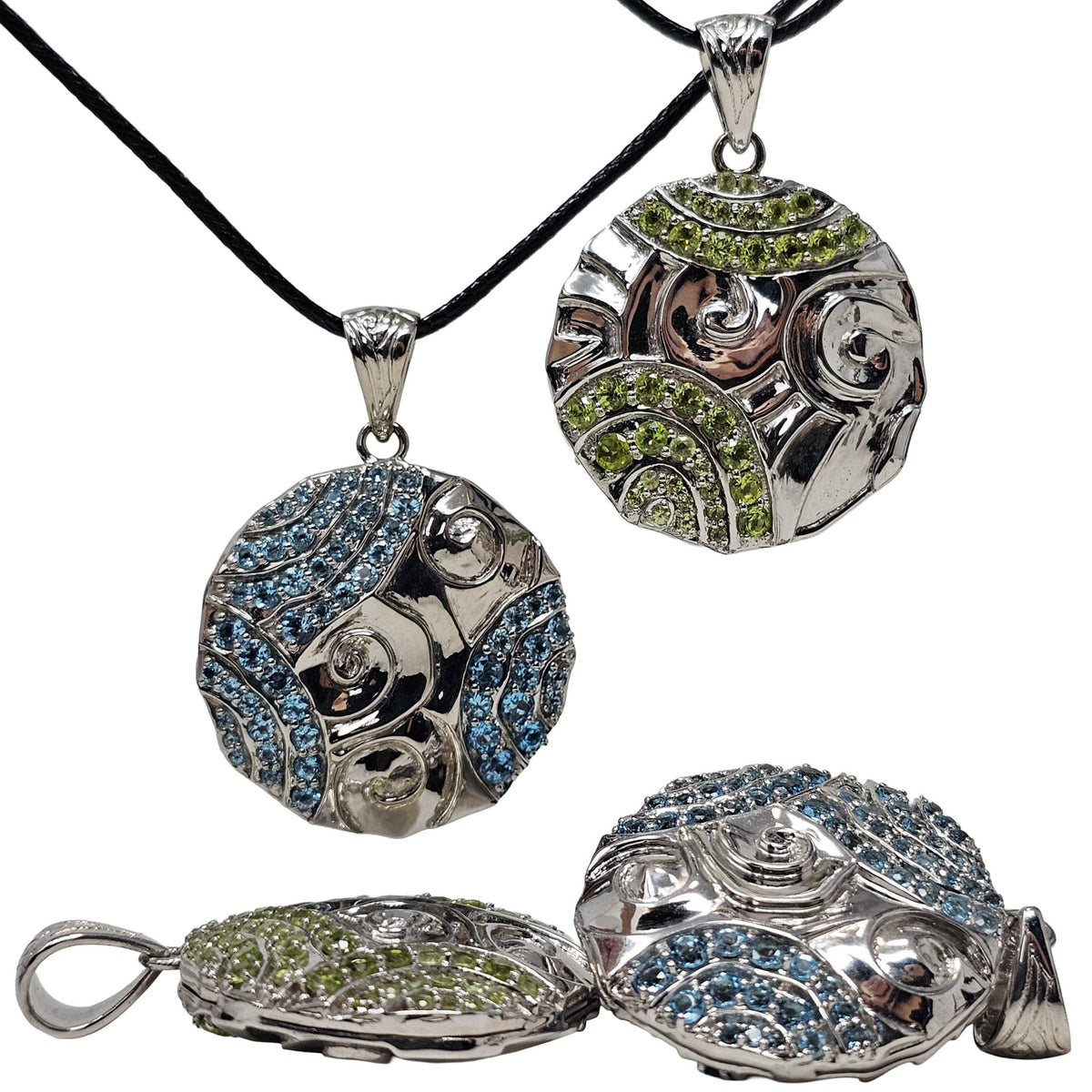 Swirl Medallion - Pendant - Broken Ox Creations - Hand Carved Medallion - Sterling Silver - Peridot London Blue Topaz - BC, Canada