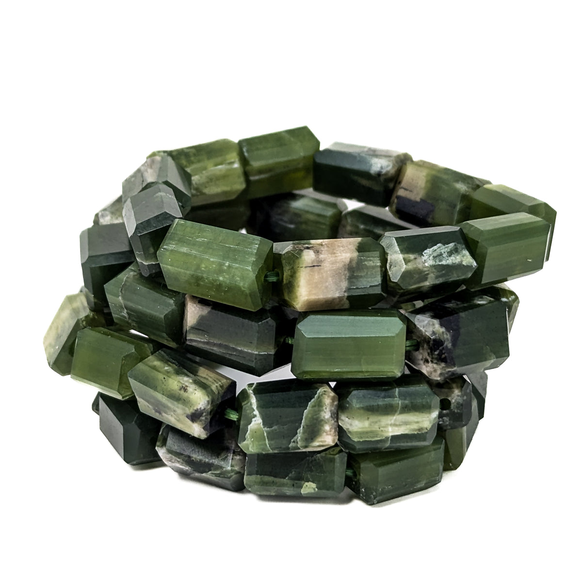 Tremolite bead bracelet from Pakistan – stack of bracelets