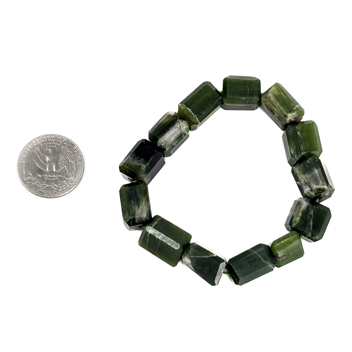 Tremolite bead bracelet from Pakistan – single bracelet beside a coin for scale