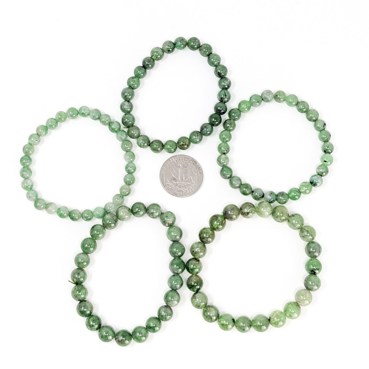 Tsavorite bead bracelet from Tanzania – ring of bracelets with a coin