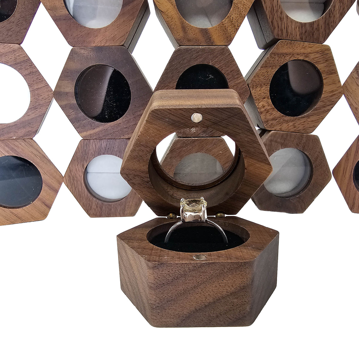 Wood hexagon ring box – close-up of open box