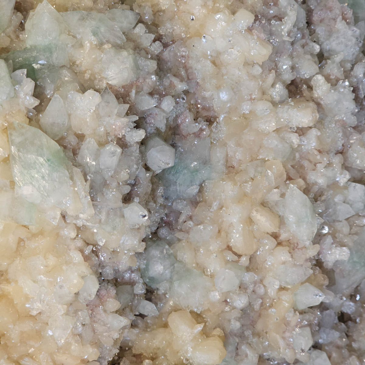 Stilbite with green apophyllite crystal cluster from Pune, India – close-up of stilbite sprays and pale green crystals
