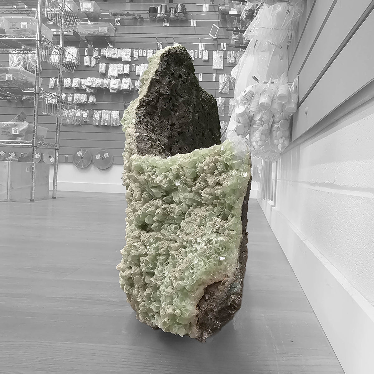 Green apophyllite crystal plate from Maharashtra, India – basalt back of the plate standing upright