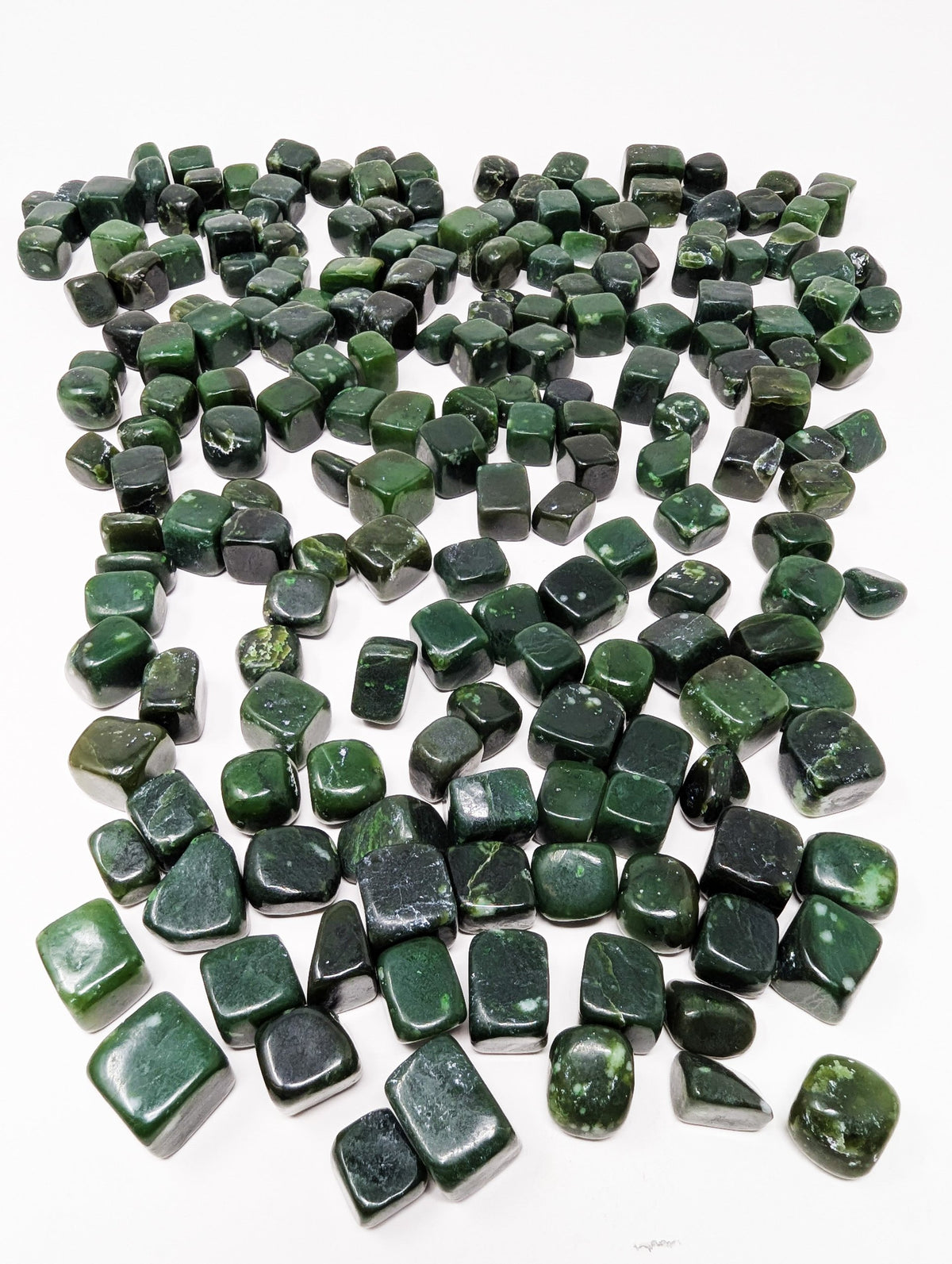 BC jade (nephrite) gloss finish tumbled stones from Northern British Columbia, Canada, grade B+, group, view 2 of 8