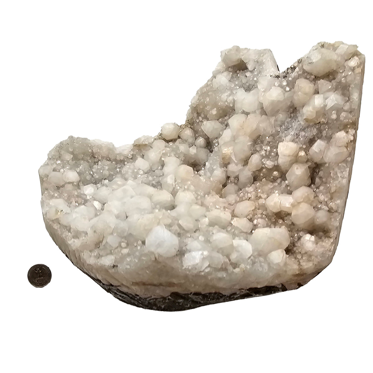 Apophyllite on quartz specimen from Maharashtra, India – shown with a coin for scale