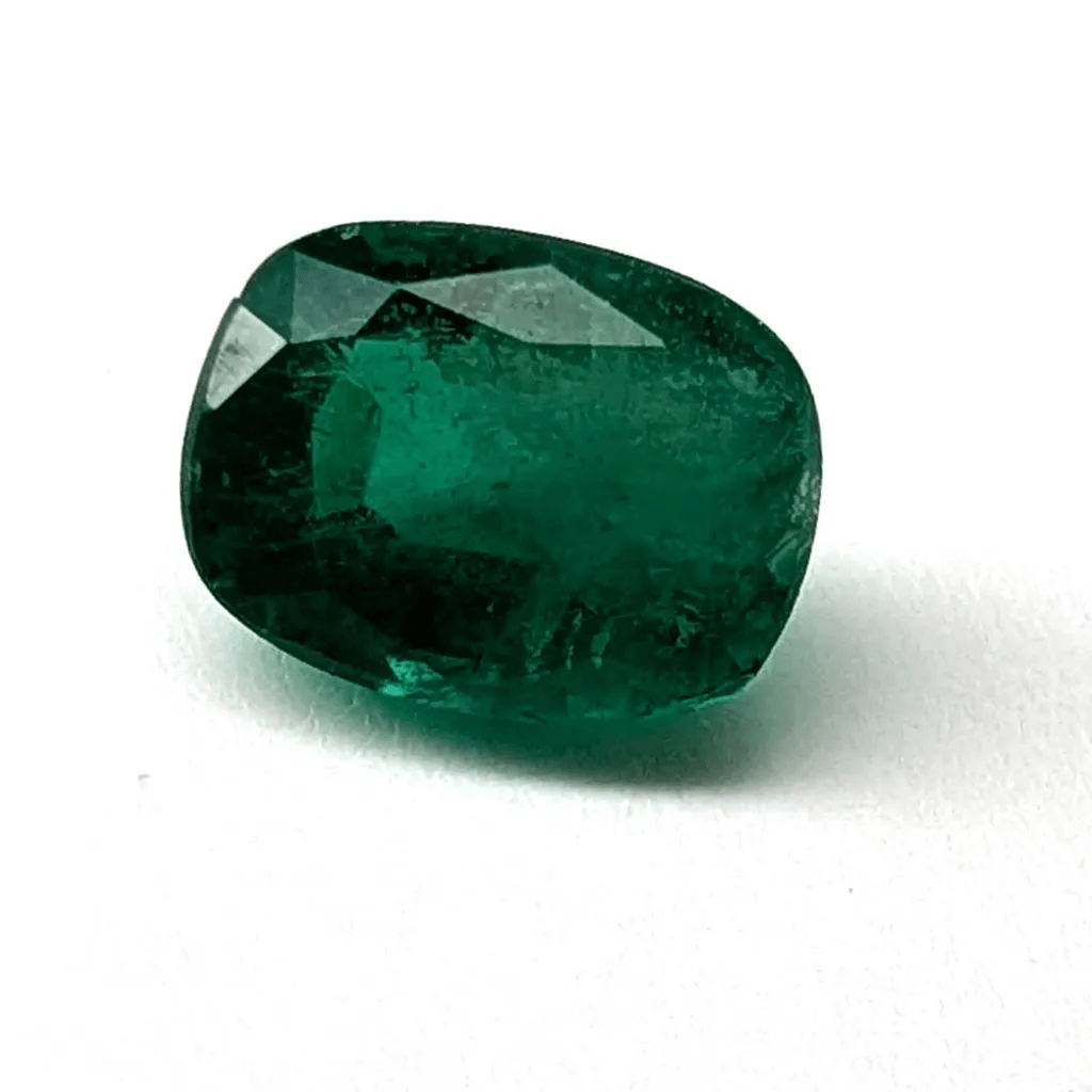 Emerald faceted cushion cut gemstone, 1.24ct, rotating view