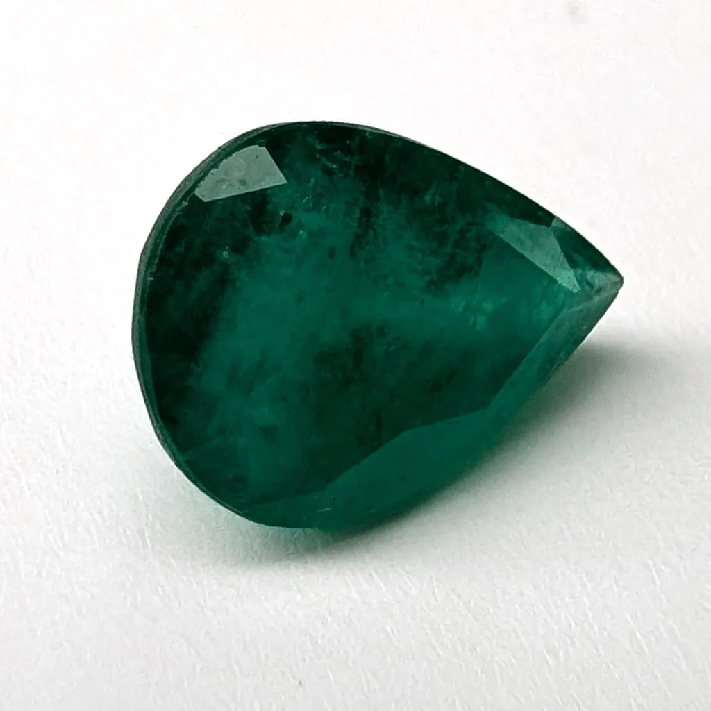 Emerald faceted pear cut gemstone, 2.52ct, rotating view