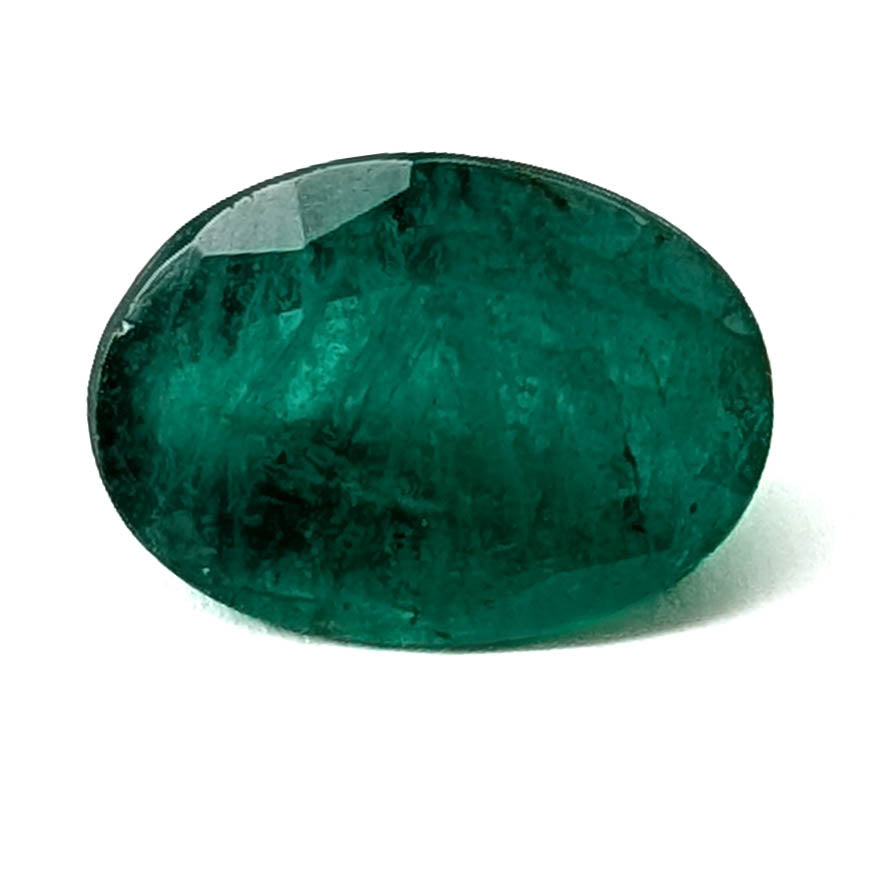 Emerald faceted oval gemstone, 1.92ct, face-up view of the table on a white background, view 1 of 12
