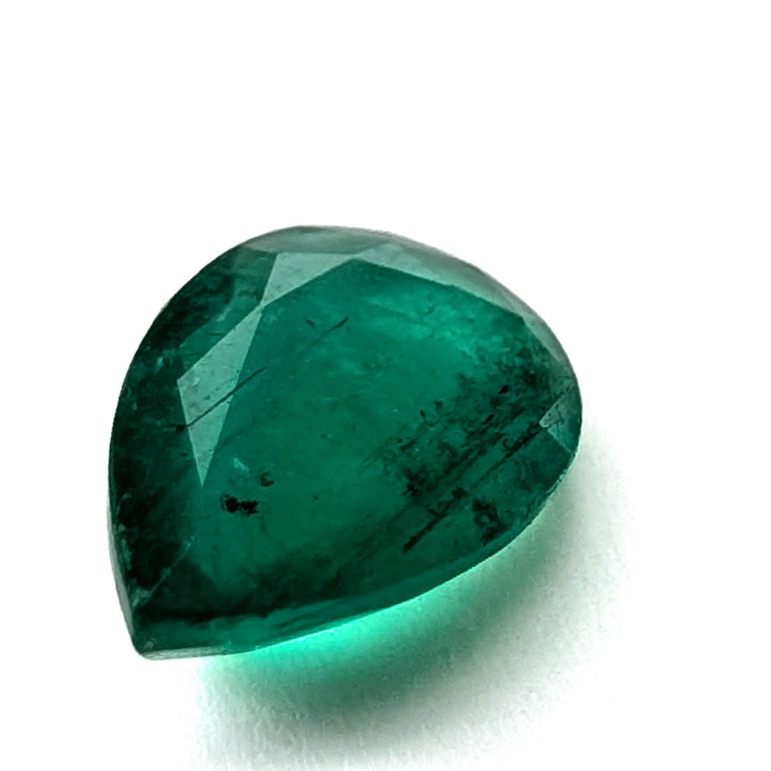 Emerald faceted pear gemstone, 1.60ct, view from the rounded end, view 5 of 11