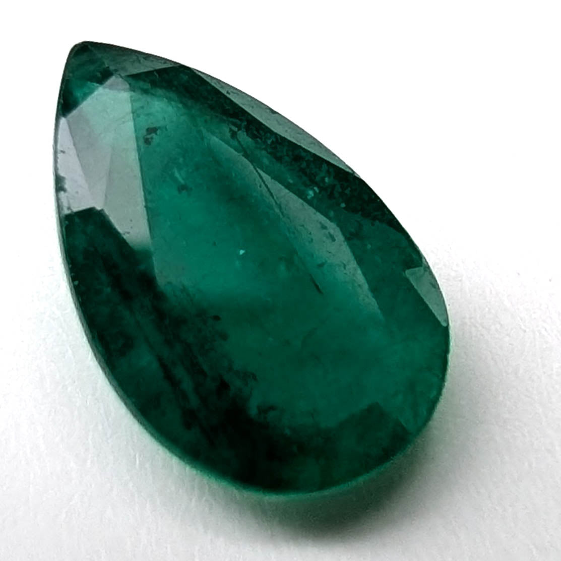 Emerald faceted pear gemstone, 1.60ct, face-up view, point at the top, view 9 of 11