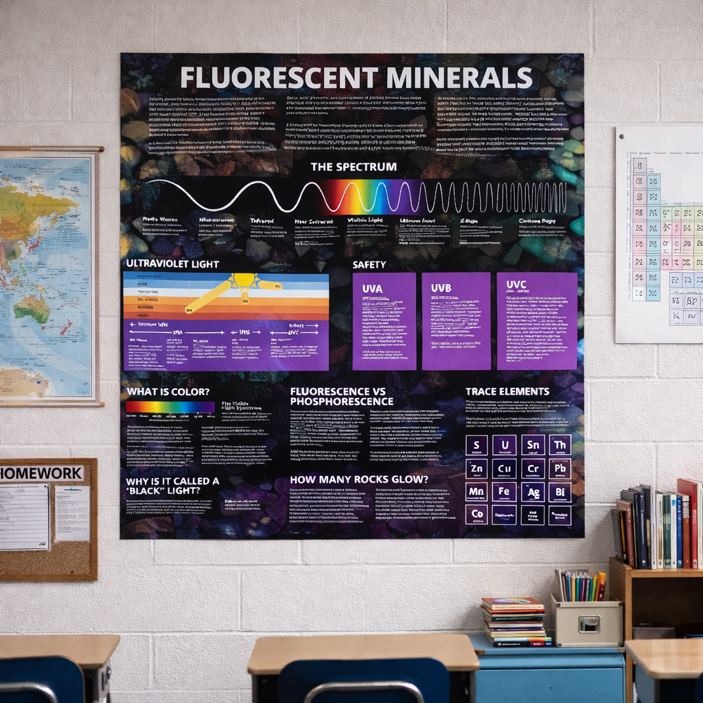 Fluorescent minerals poster: poster in a classroom
