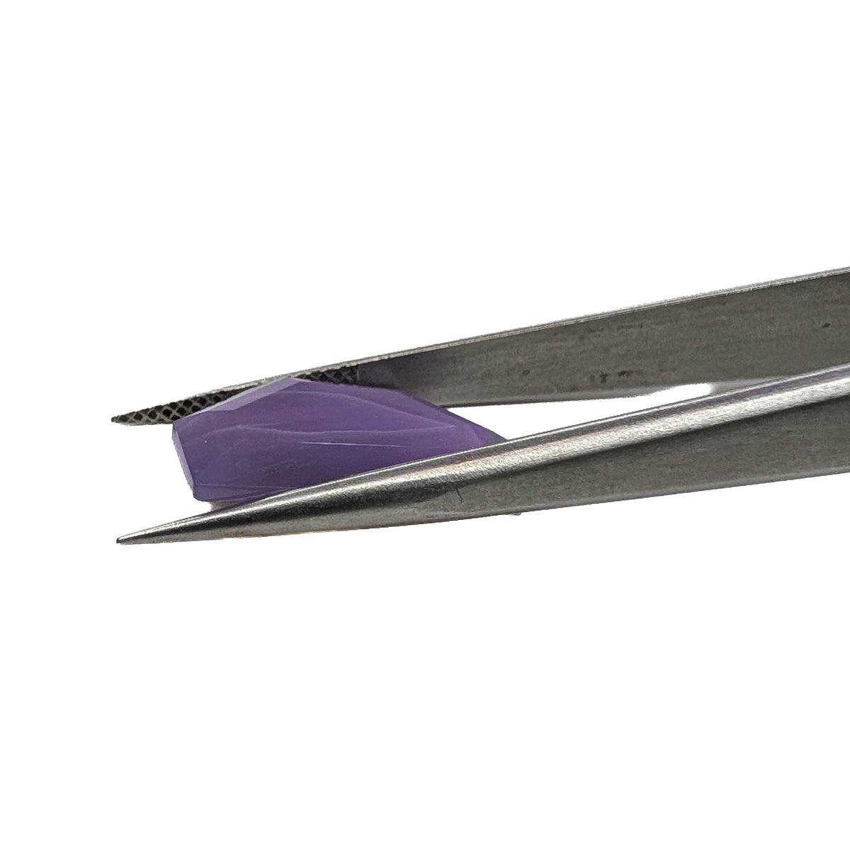 Holly Blue agate faceted freeform step tablet cut gemstone, 8.49ct, from Holley, Oregon, held in tweezers, view 11 of 11