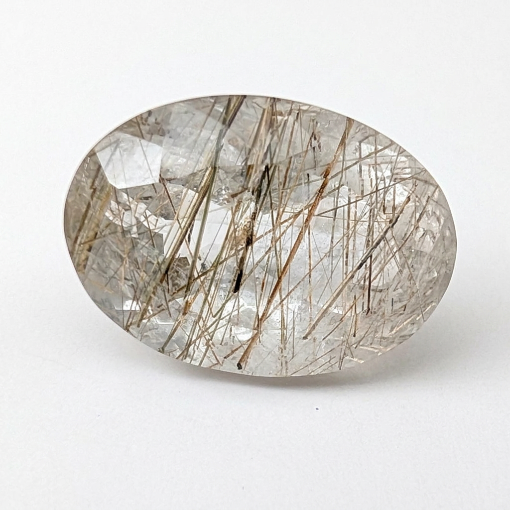 Actinolite quartz faceted oval gemstone, 10.80ct, from Mount Breakenridge, Harrison Lake, BC, Canada, on a white background, view 1 of 12