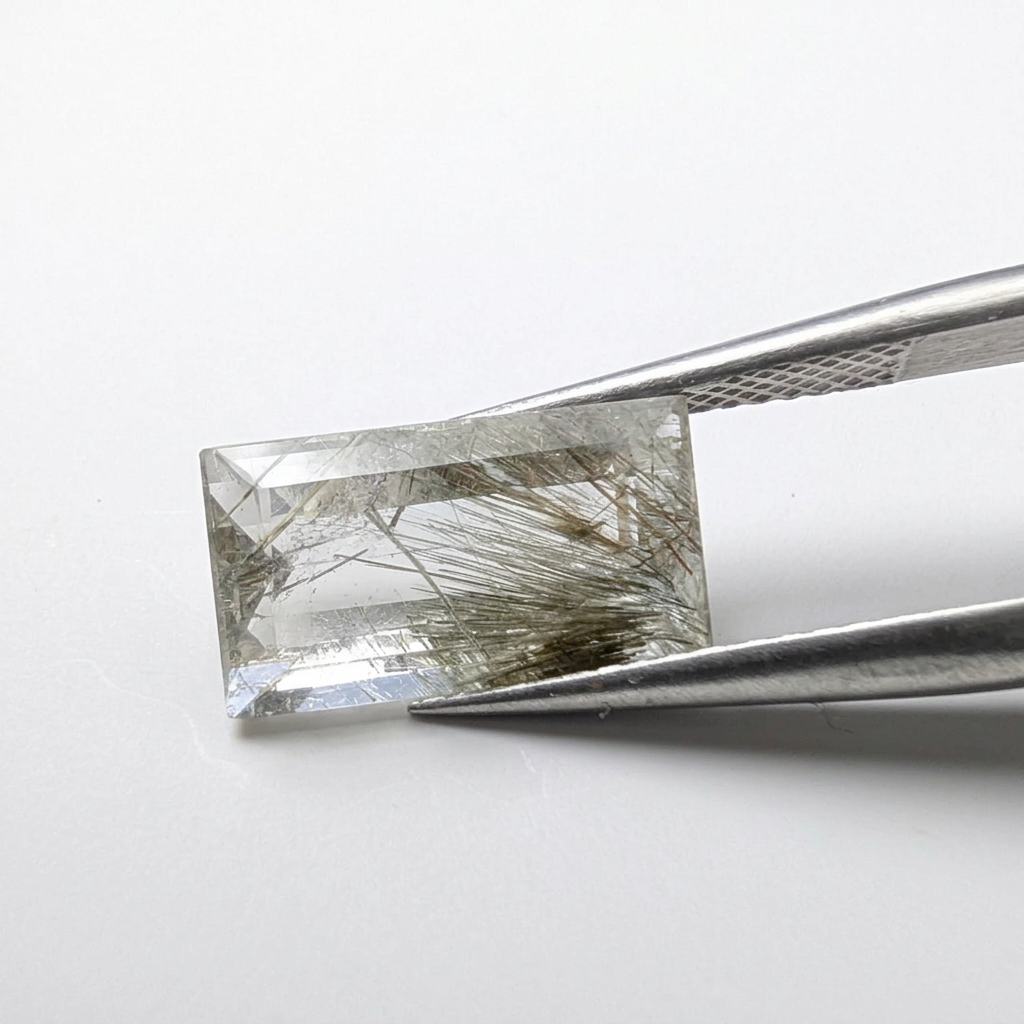 Actinolite quartz faceted rectangle gemstone, 4.30ct, from Mount Breakenridge, Harrison Lake, BC, Canada, held in tweezers, view 2 of 11
