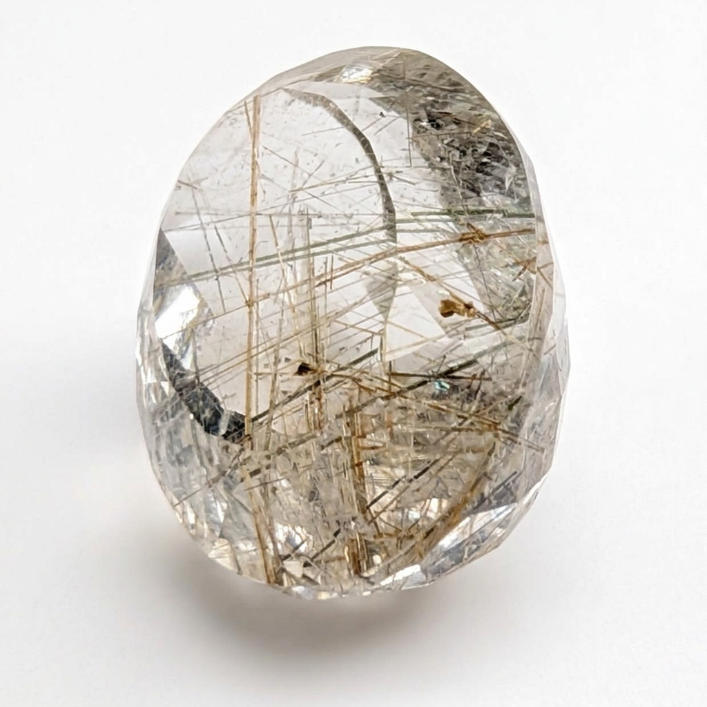 Actinolite quartz faceted oval gemstone, 17.09ct, from Mount Breakenridge, Harrison Lake, BC, Canada, on a white background, view 1 of 8