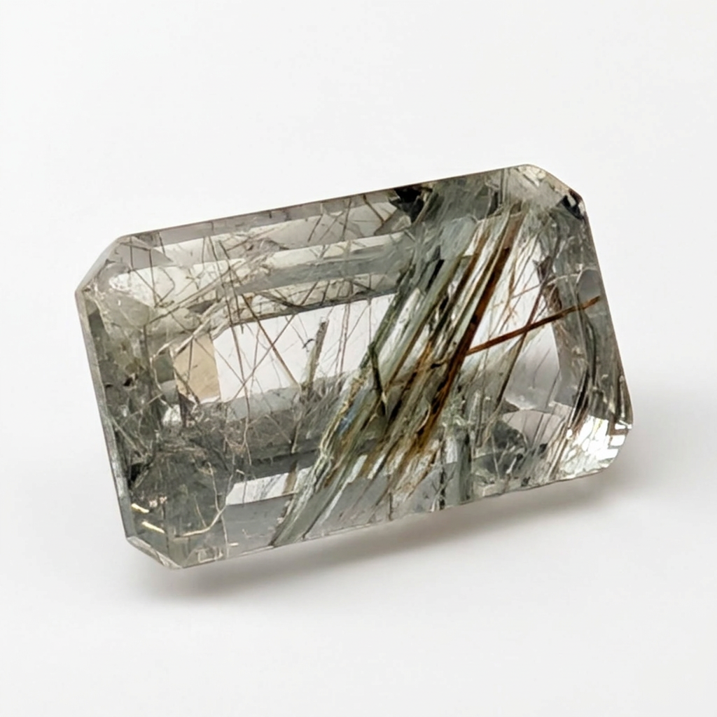 Actinolite quartz faceted emerald gemstone, 2.63ct, from Mount Breakenridge, Harrison Lake, BC, Canada, on a white background, view 1 of 11