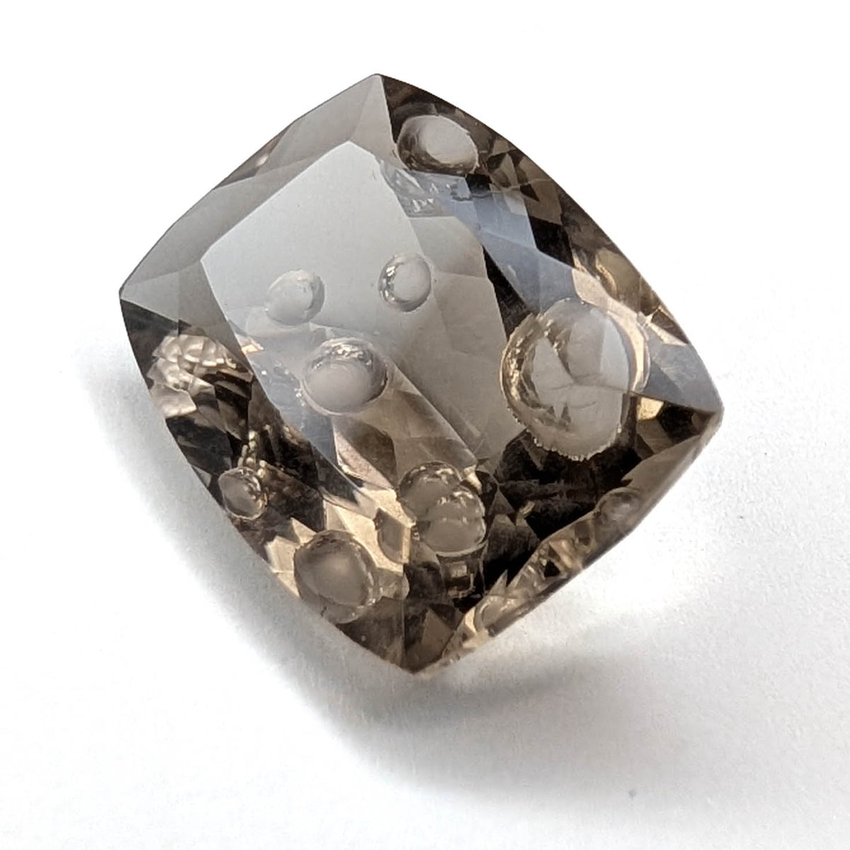 Smoky Quartz faceted cushion fantasy cut gemstone, 11.00ct, view 1 of 12