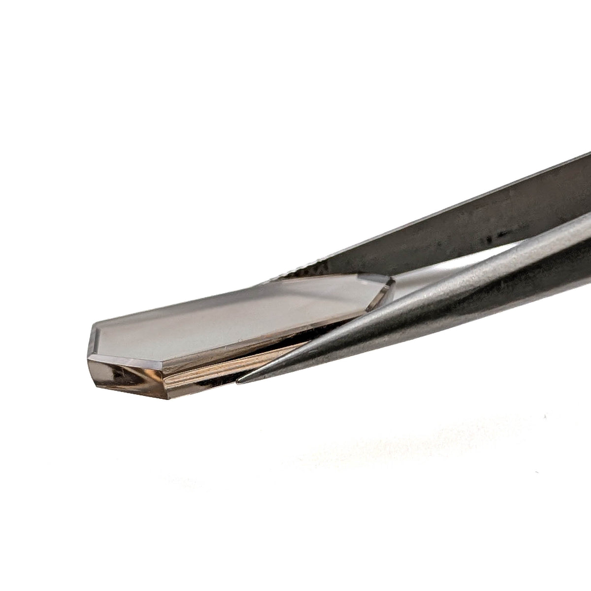 Smoky Quartz faceted freeform flatback step cut gemstone, 9.03ct, from Minas Gerais, Brazil, held in tweezers, view 8 of 10