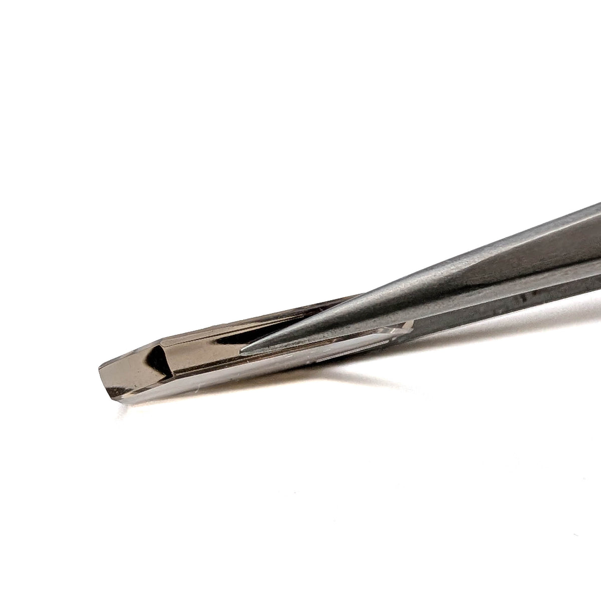 Smoky Quartz faceted freeform flatback step cut gemstone, 9.03ct, from Minas Gerais, Brazil, held in tweezers, view 10 of 10