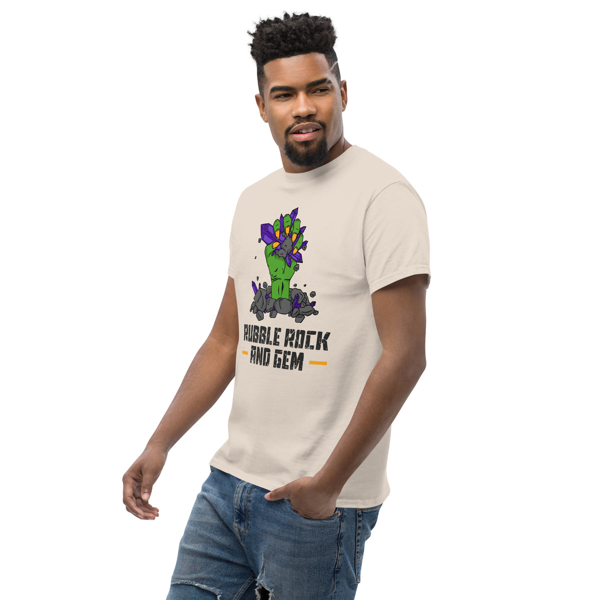 Rubble Rock and Gem classic logo tee – worn by man, standing