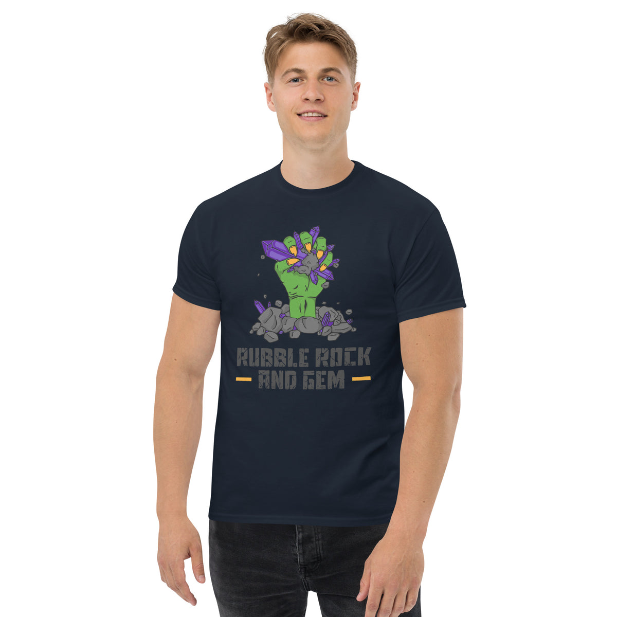 Rubble Rock and Gem classic logo tee – worn by man, front
